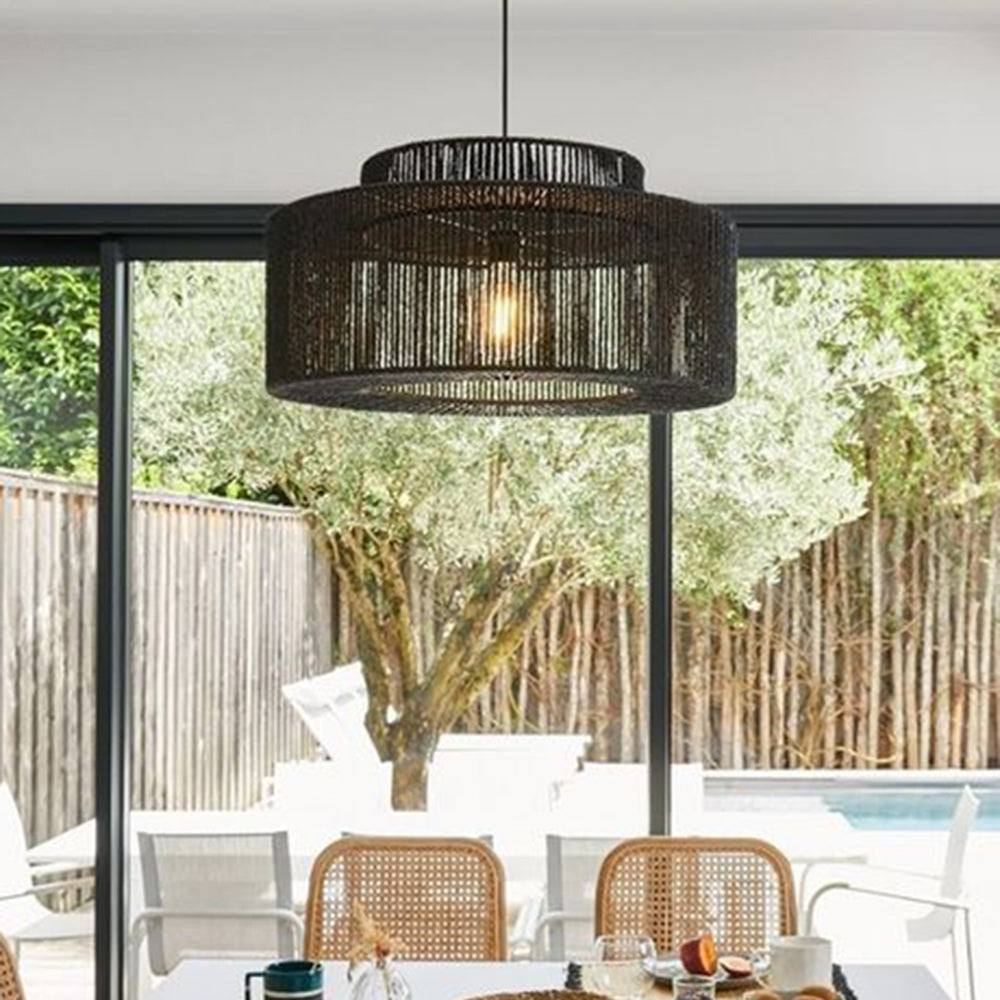 Rustic Drum Pendant Light With Handwoven Twine Shade