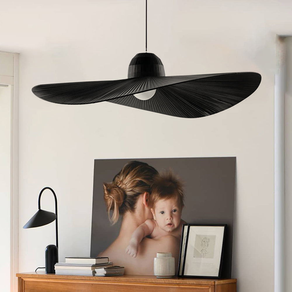 Lustre Pendentif Tissé Métal Et Tissu, Chapeau Élégant Noir Et Blanc