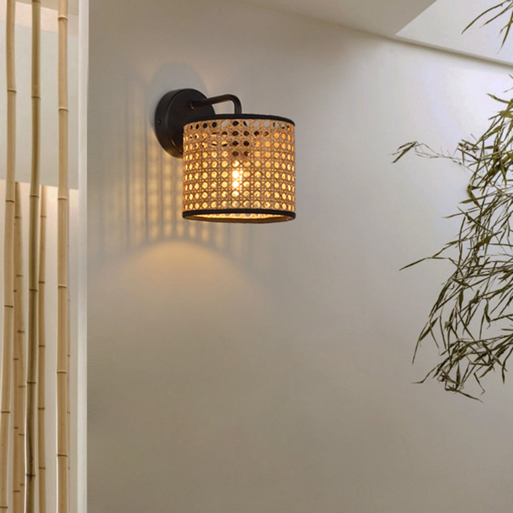 Rustic Cylindrical Wall Lamp With Rattan Shade And Metal Frame