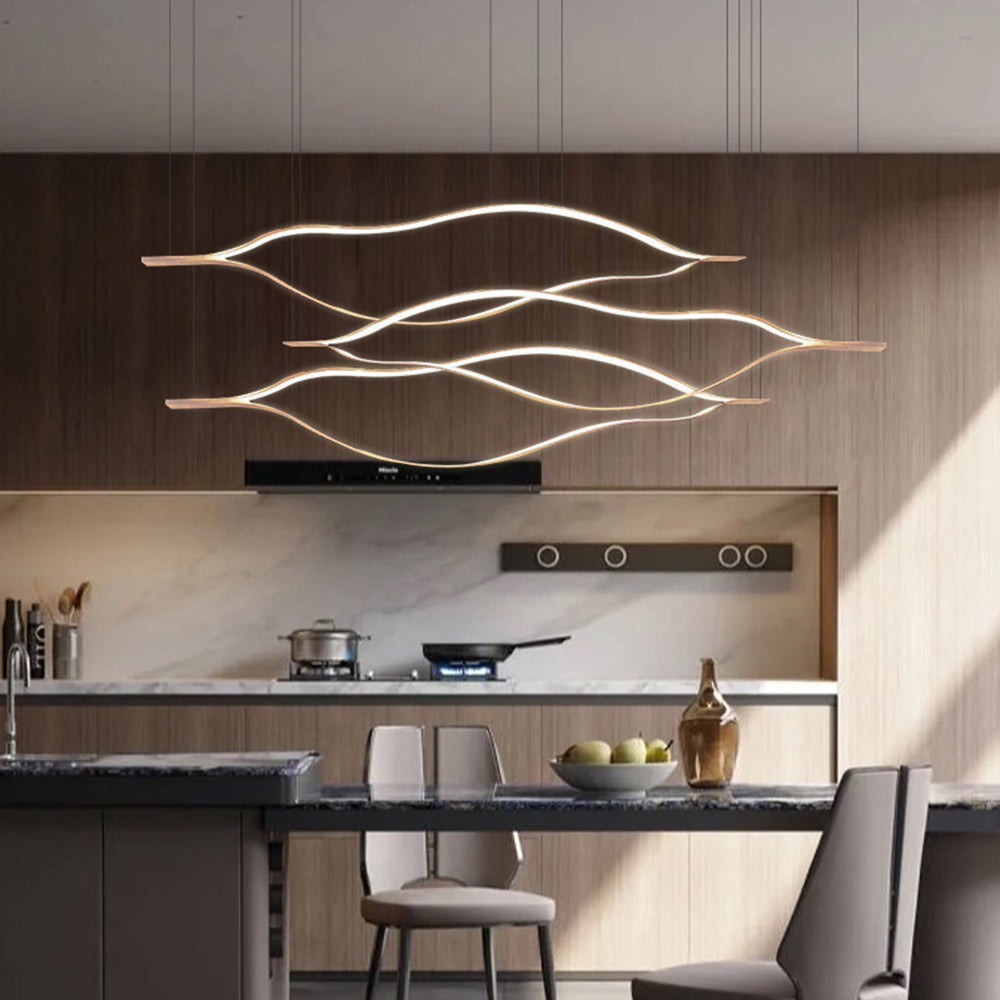 Led Linear Pendant Light With Golden Leaf Design