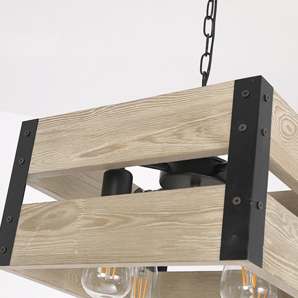 Multi Head Square Metal Wood Pendant Light