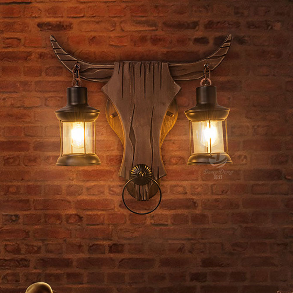 Vintage Bull Wall Lamp With Twin Heads In Wood And Metal