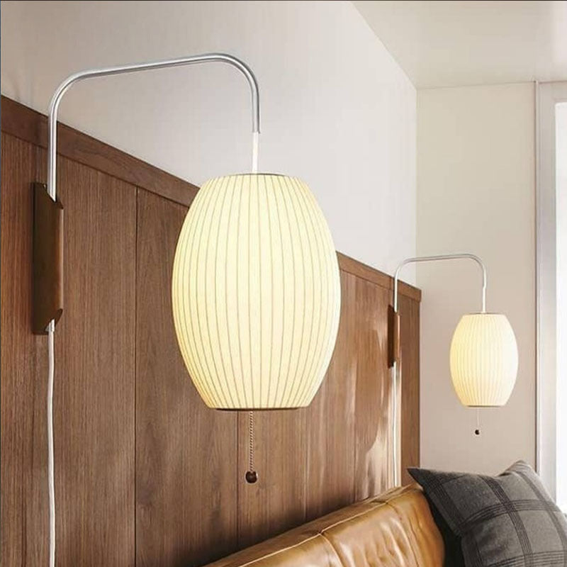 Round Wood And Fabric Indoor Wall Lamp For Living Room