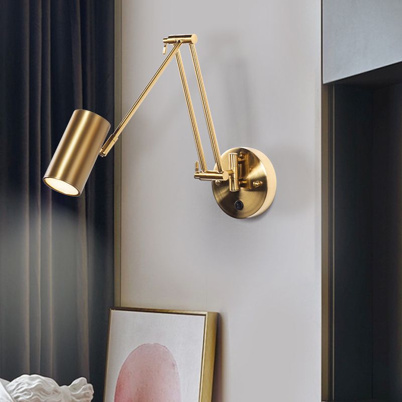 Brass Finish Cylindrical Wall Light With Dimmable Adjustable Arm