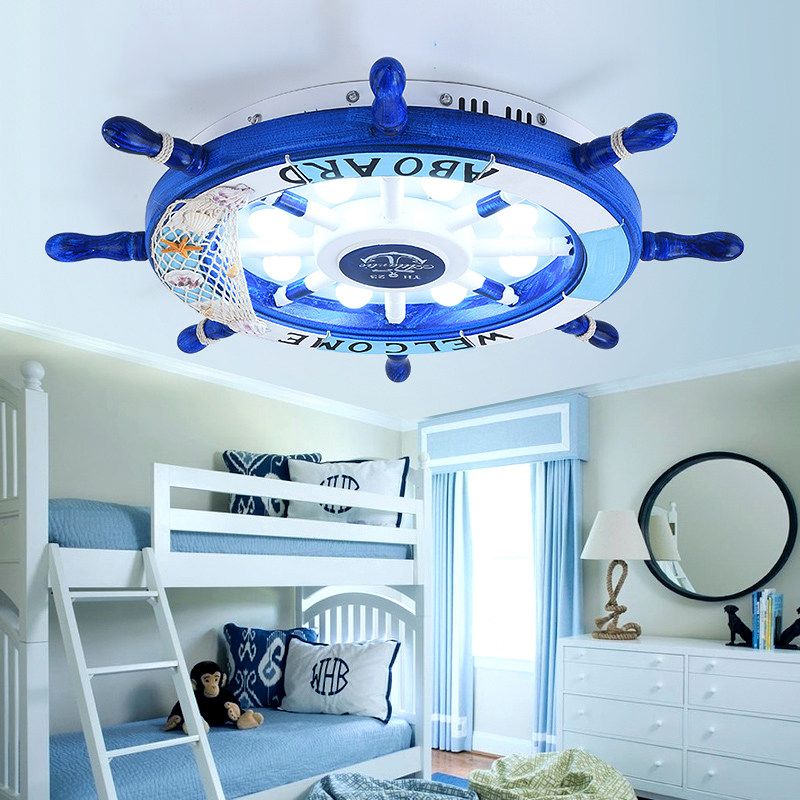 Nautical Blue And White Metal Flush Mount Ceiling Light For Kids