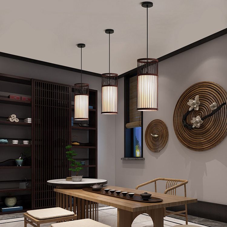 Eco Friendly Coffee Wood Weave Cylinder Pendant Light