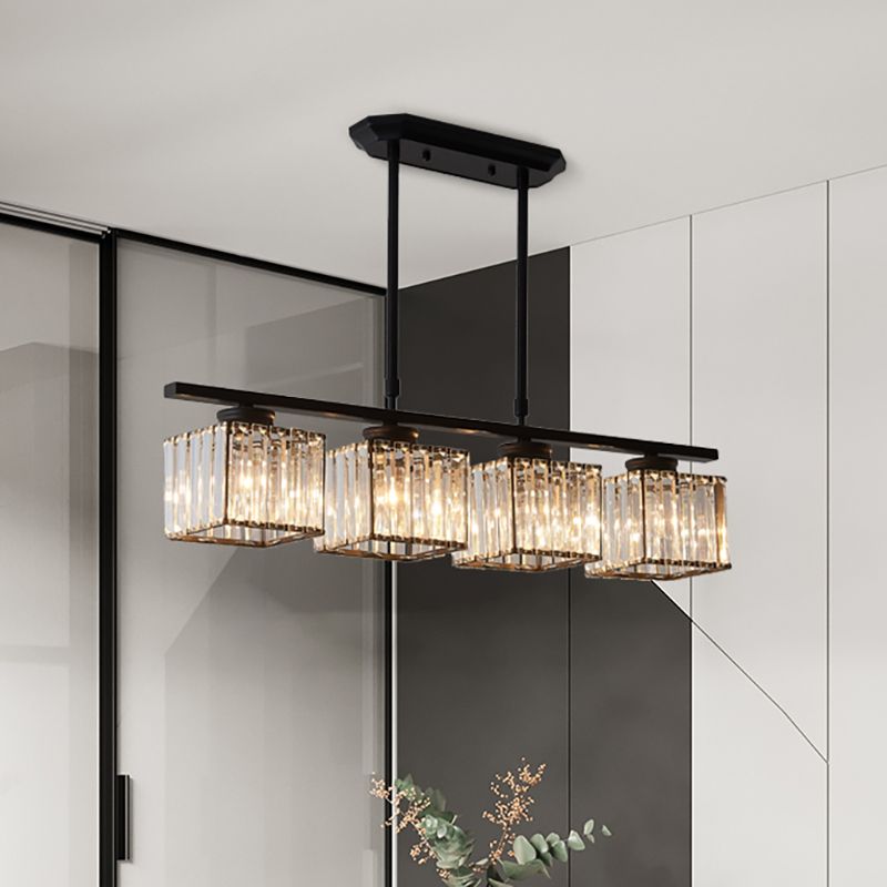 Crystal Square Pendant Light For Dining Black Gold 3 Head
