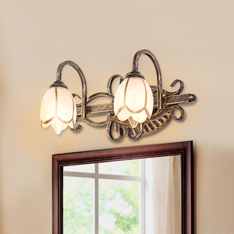 Antique Brass Vanity Wall Light With Floral Mirror Front