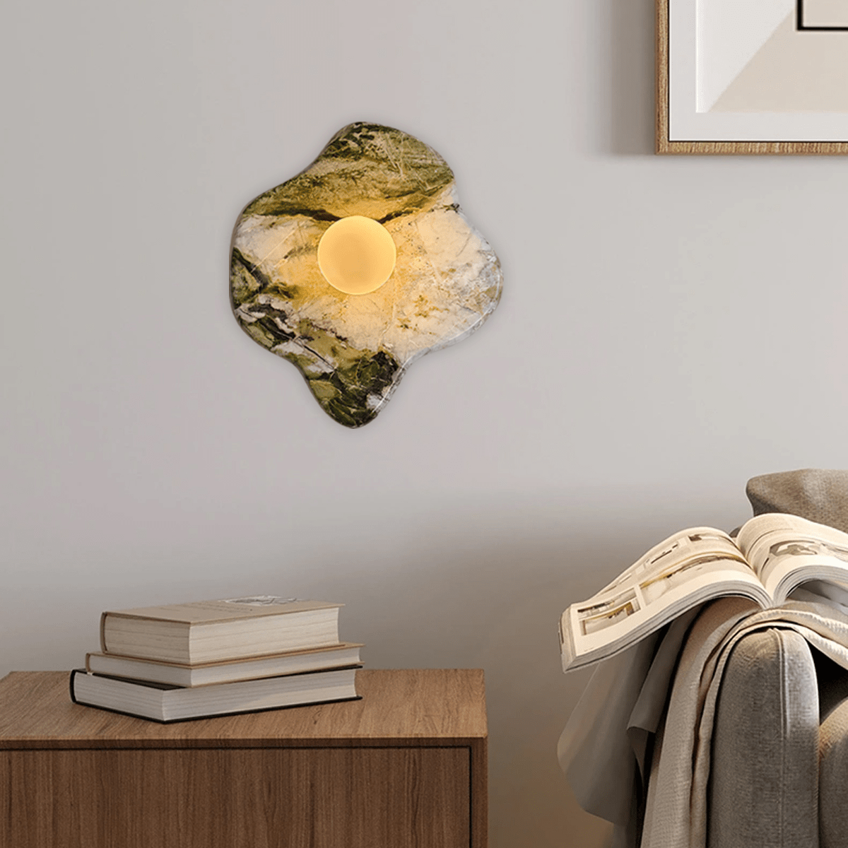 Organic Shaped Green Marble Wall Light With Matte Glass Globe