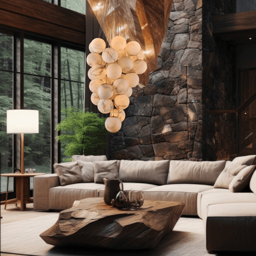 Chandelier Suspendu En Albâtre Avec 31 Sphères Pour Une Lumière Chaleureuse