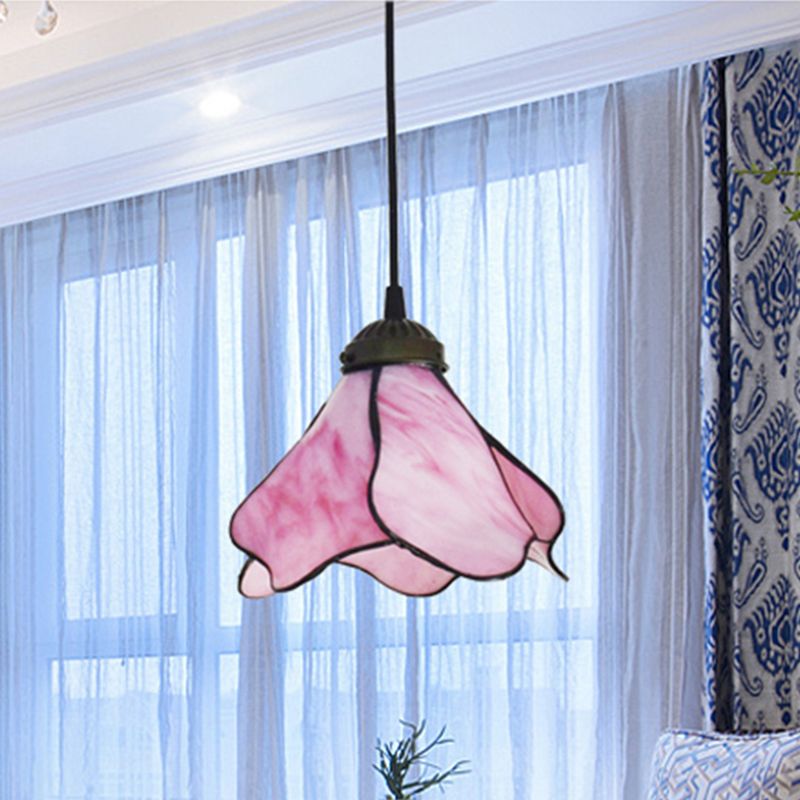 Elegant Flower Resin Pendant Light Blue Pink Glass Shade