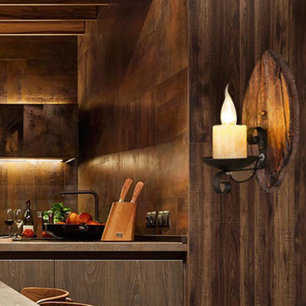 Vintage Leaf Style Wood and Metal Wall Lamp for Living Rooms