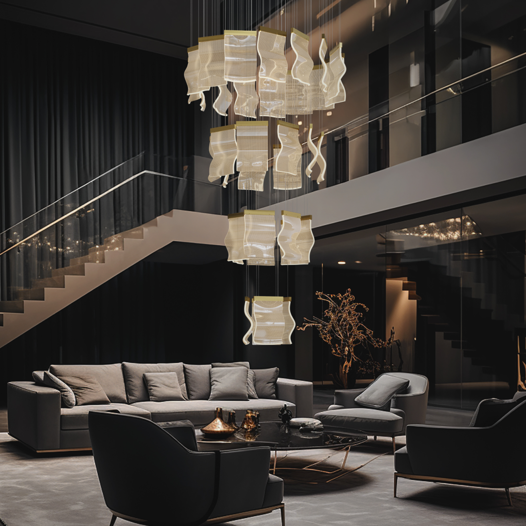 Aurora Wave Industrial Chandelier Gold Finish For Living Room