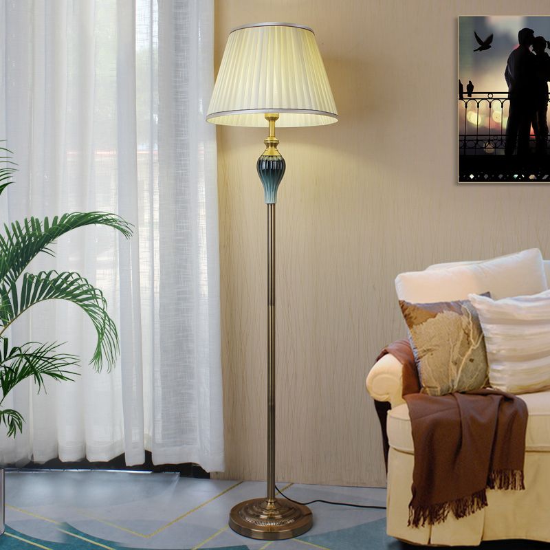 Antique Floor Lamp With Fabric Shade In Multi Colour Finish