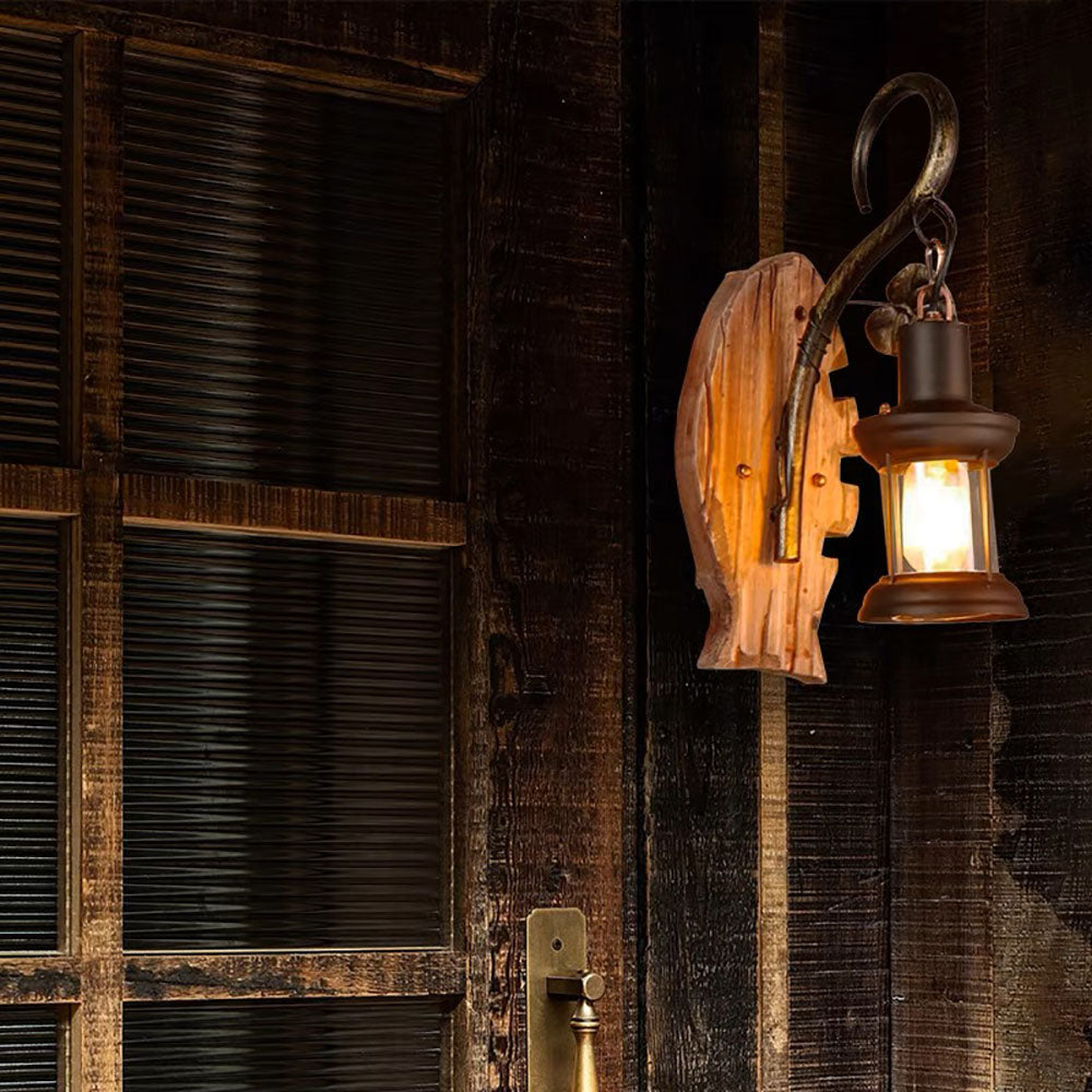 Fish Shape Vintage Wall Lamp Wood And Metal For Bedroom