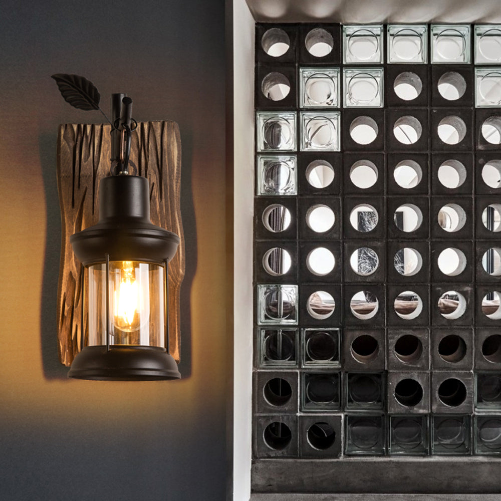 Vintage Branch Lantern Wall Light In Black Metal And Wood