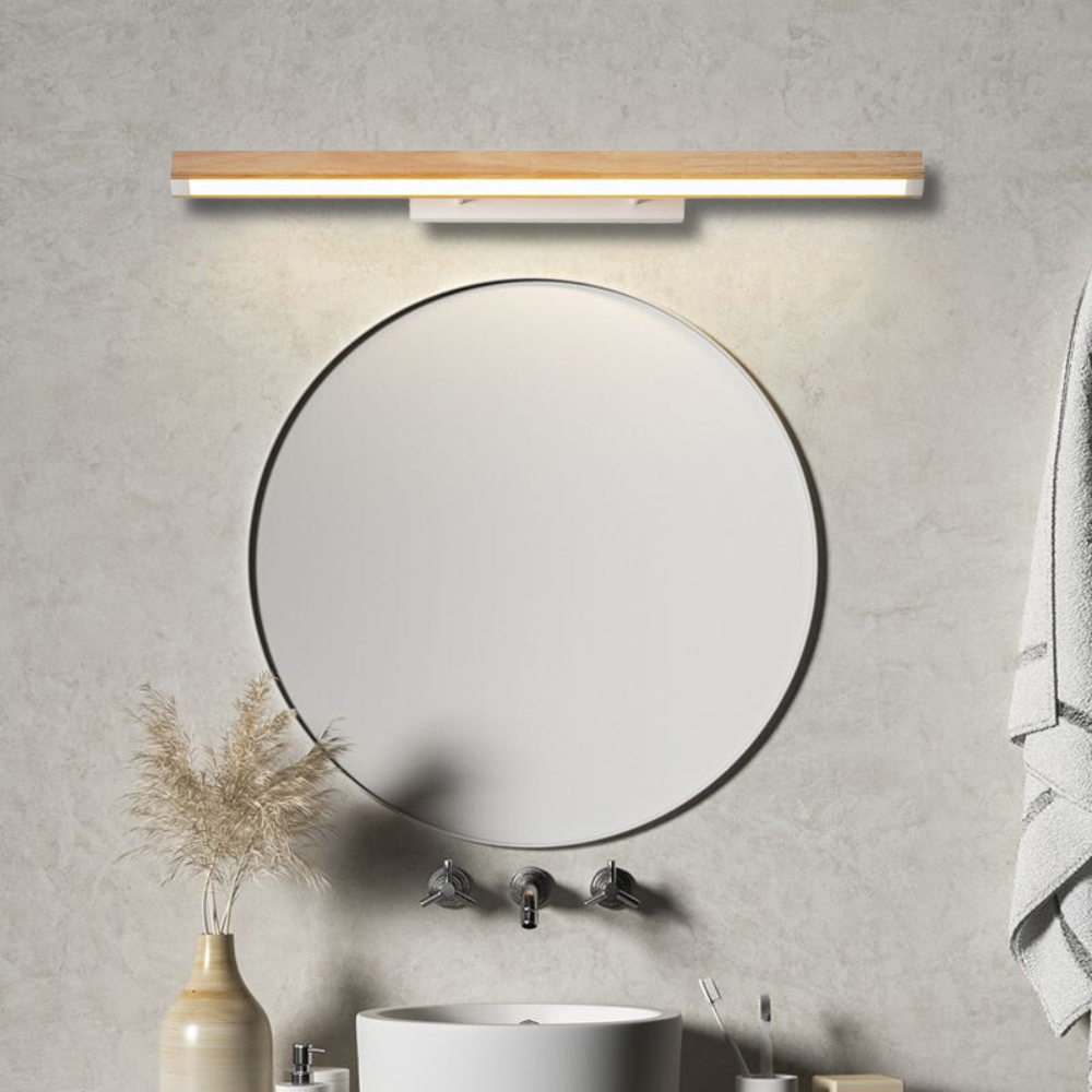 Minimalist Linear Wood Vanity Wall Light With Acrylic Accent Bathroom