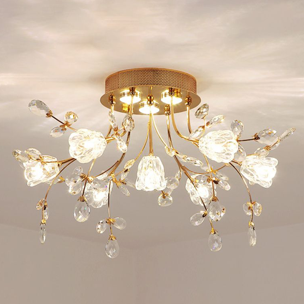 Art Deco Inspired Gold Crystal Flower Flush Mount Ceiling Light