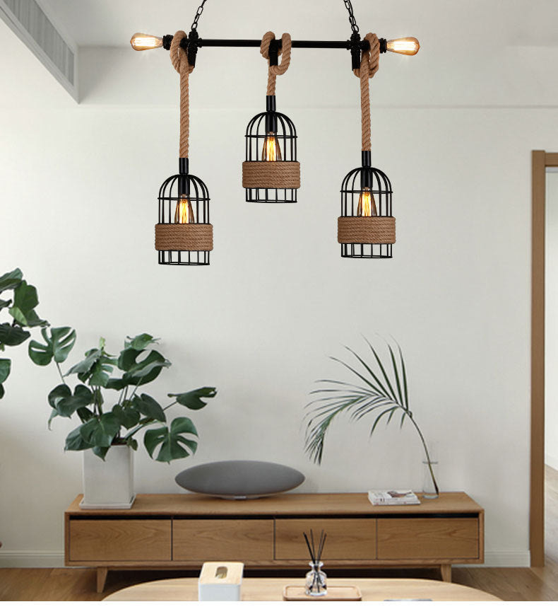 Retro LED Pendant Light In Black Metal With Rope Detail