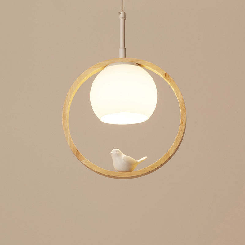 Oak Wood Pendant Light With Milky Glass Shade