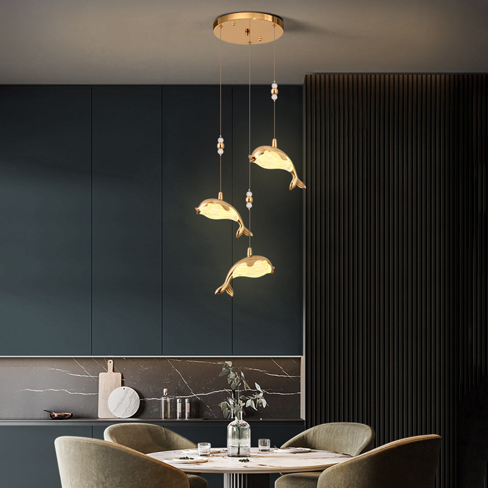 Gold Dolphin Pendant Light With Durable Clear Acrylic Metal