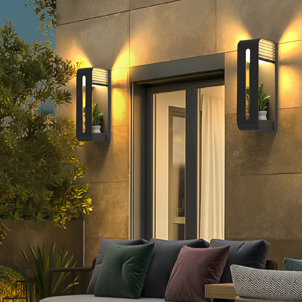 Rectangular Metal Solar Outdoor Wall Light With Plant Pot Holder Black