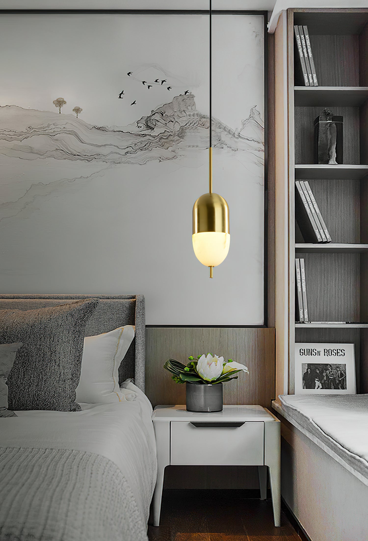 Brass Pendant Light With Alabaster Shade And Integrated Led