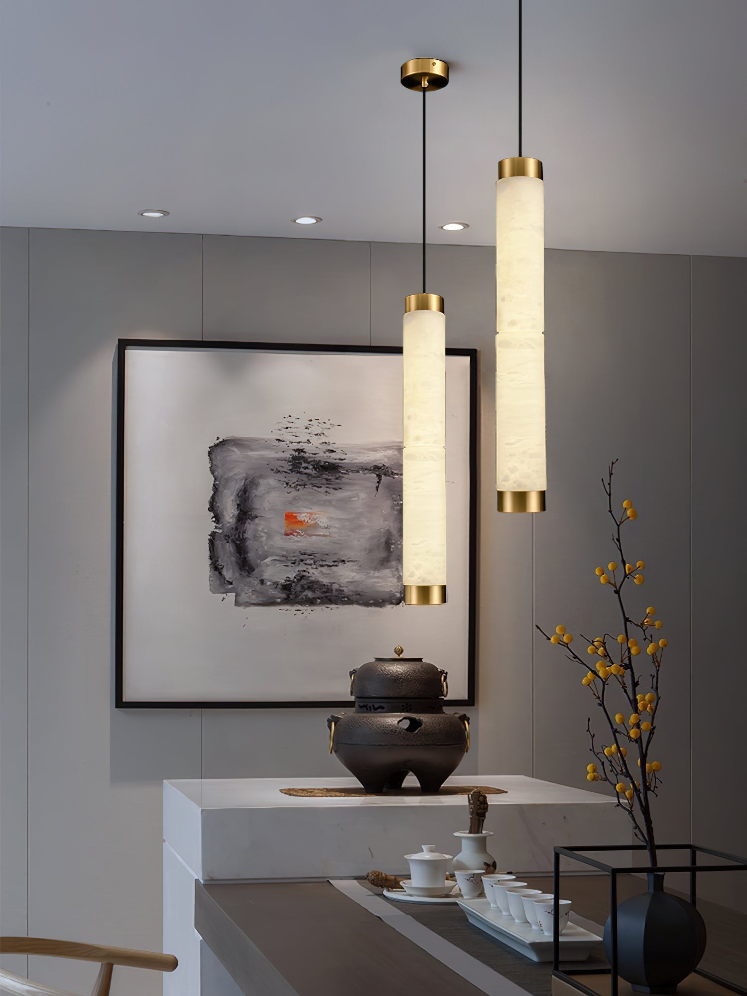 Alabaster Strip Pendant Light With Brass Accents