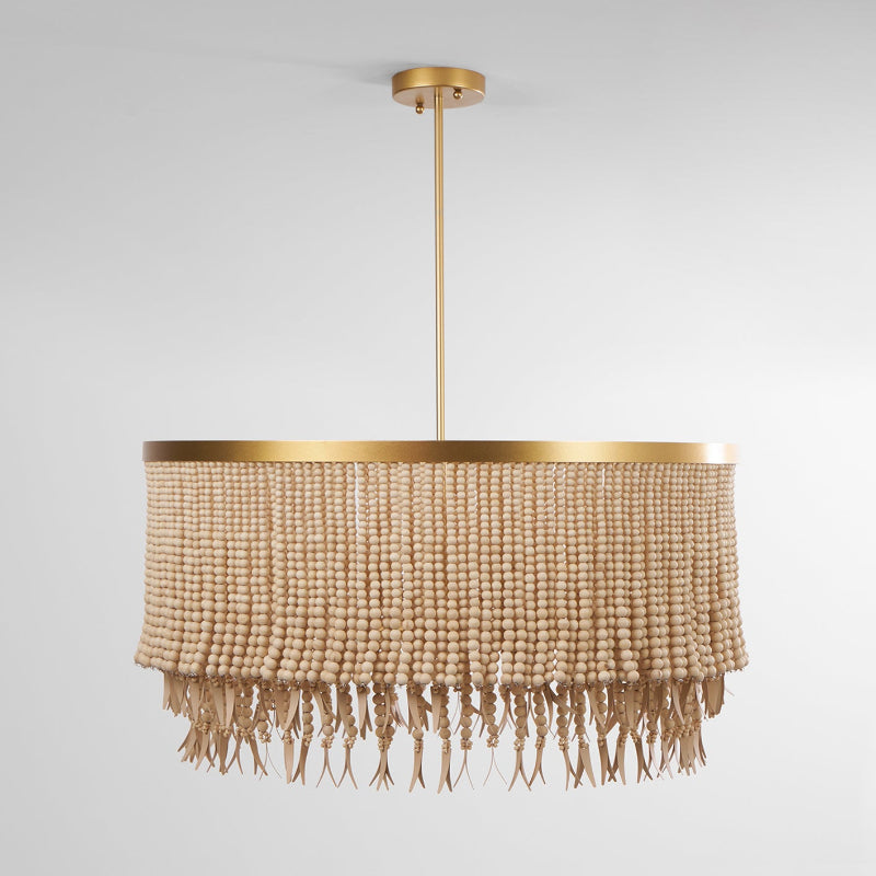 Layered Wood And Coconut Beads Chandelier With Antique Brass Frame