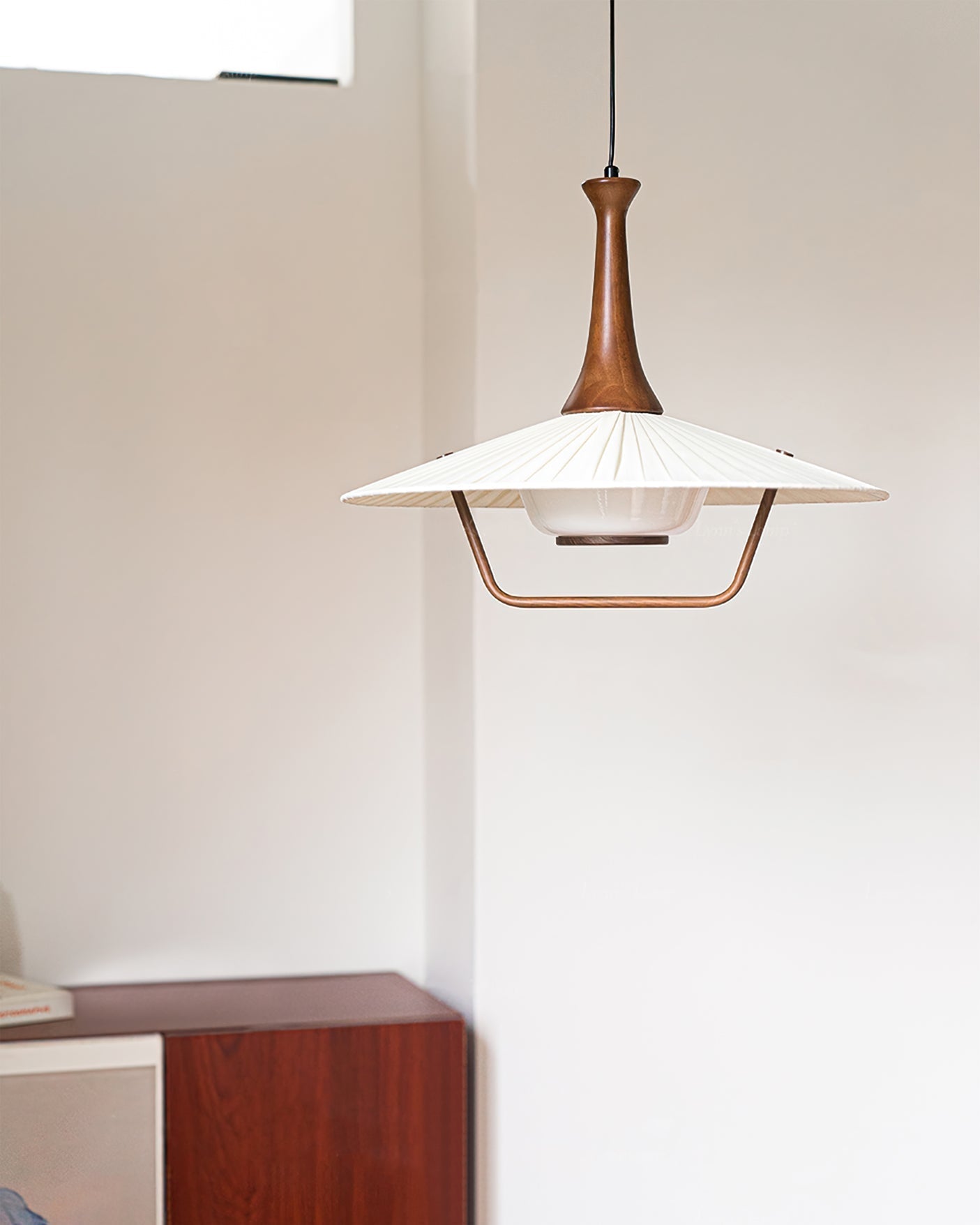 Mid-Century Wood and White Pendant Lamp With Fabric Shade