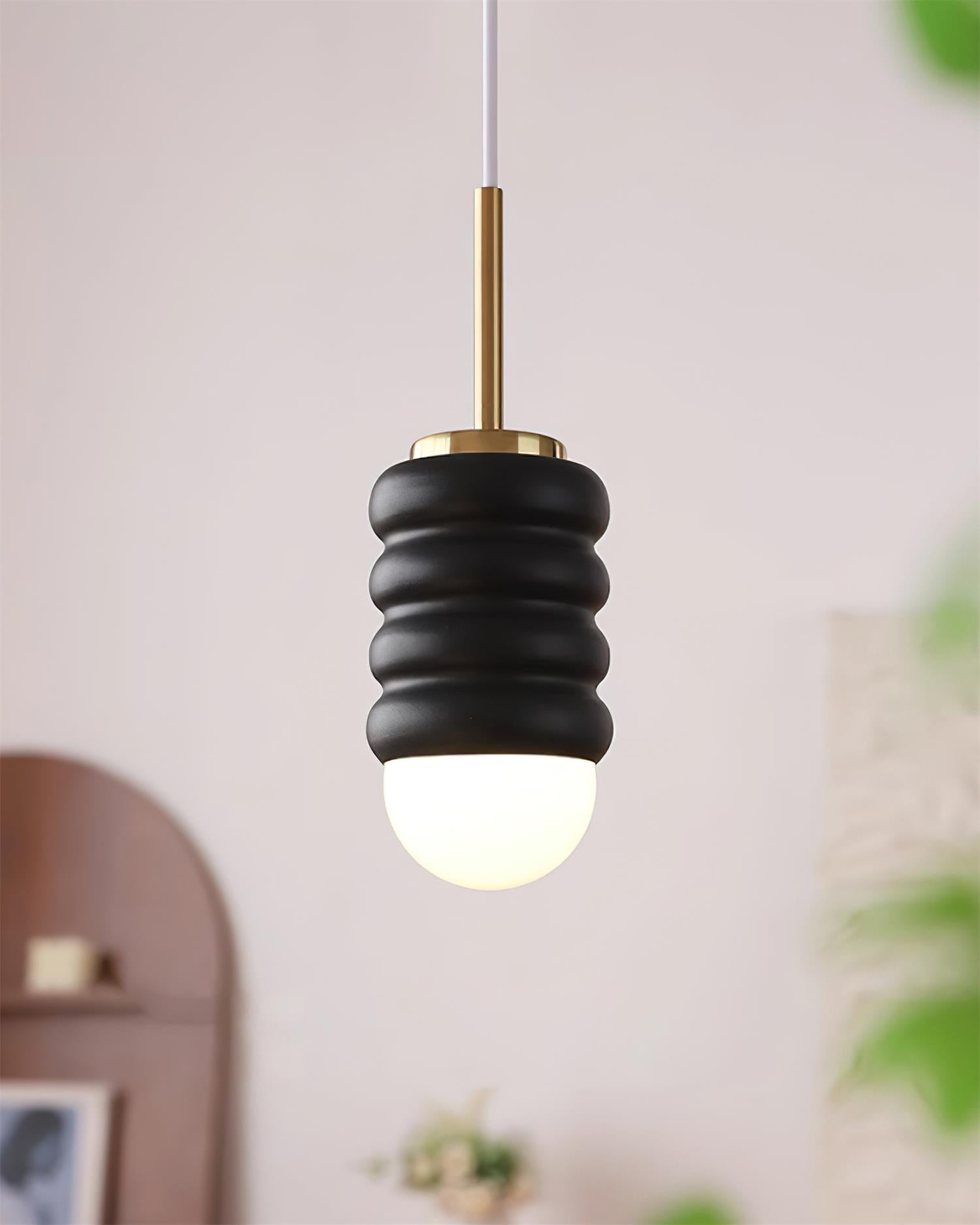 Midcentury Ribbed Ceramic Brass Pendant Light Ambient Glow