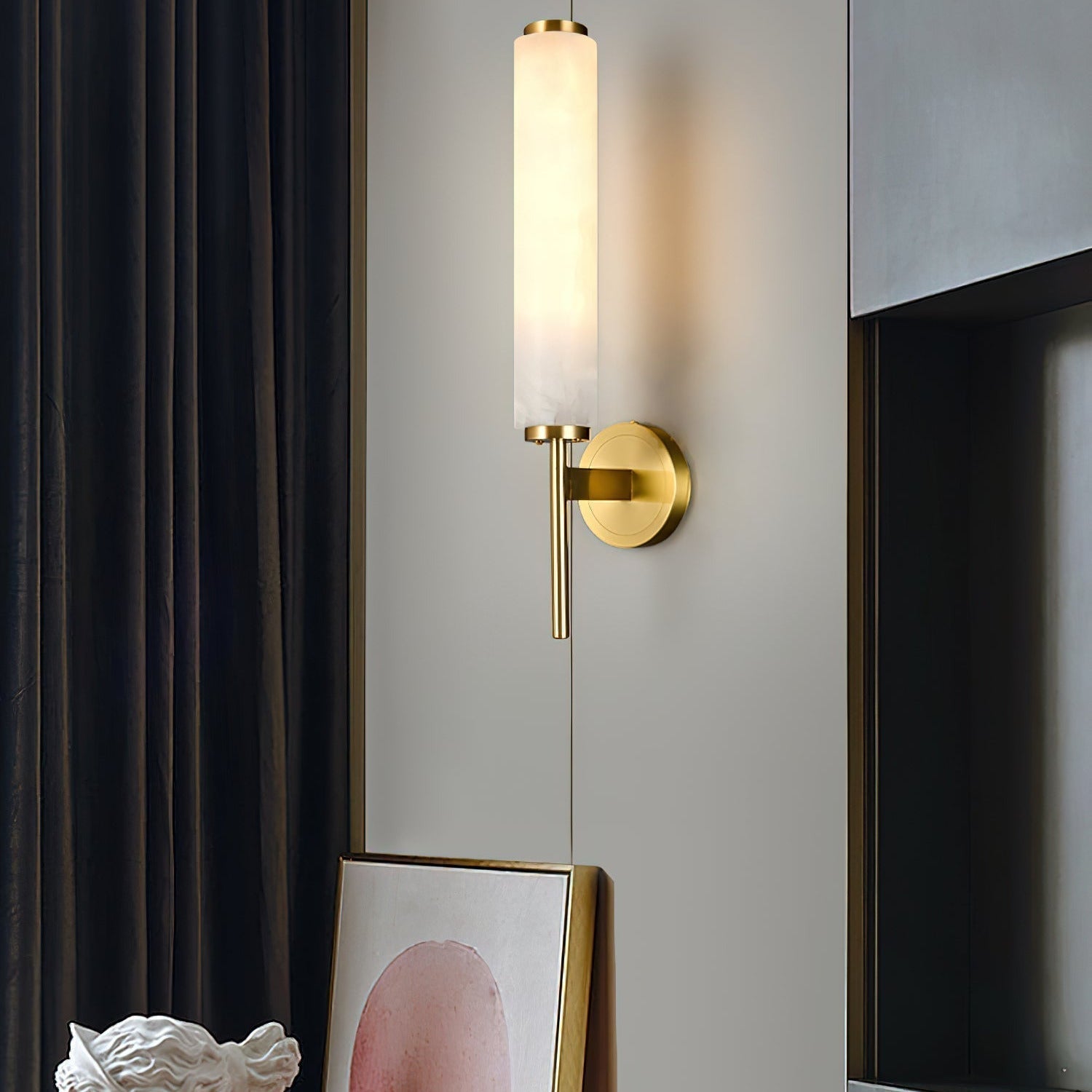Art Deco Alabaster Wall Light With Tall Opaque Glass Shade