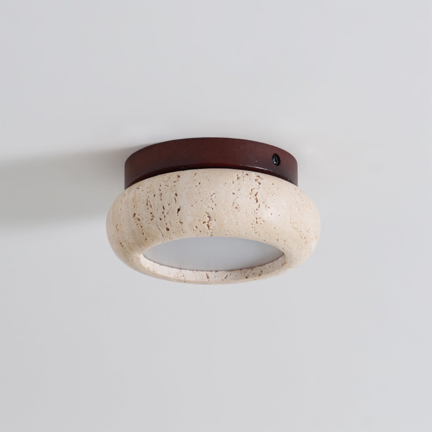 Travertine Ring Flush Ceiling Light With Wood Accent