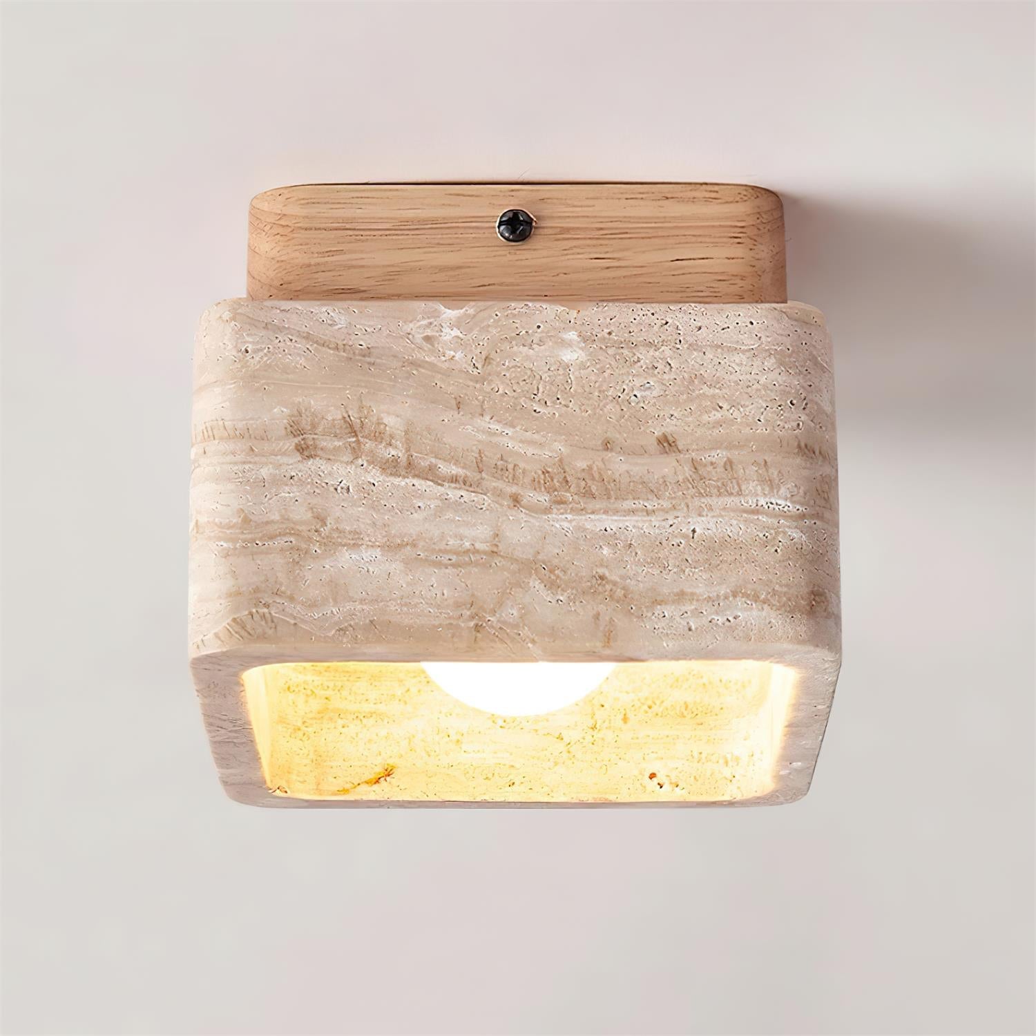 Travertine Square Flush Mount Light With Walnut Wood Canopy Damp Rated