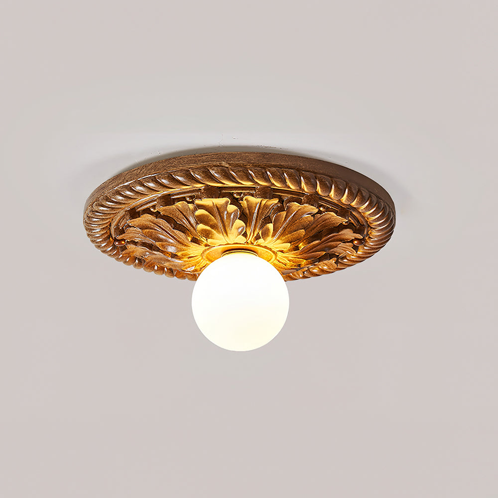 Ornate Antique Gold Ceiling Light With Opal Glass Globe