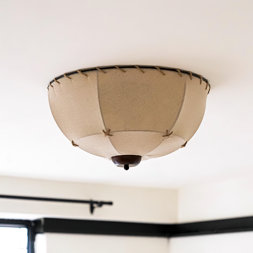 Handcrafted Walnut Wood And Fabric Shade Ceiling Light