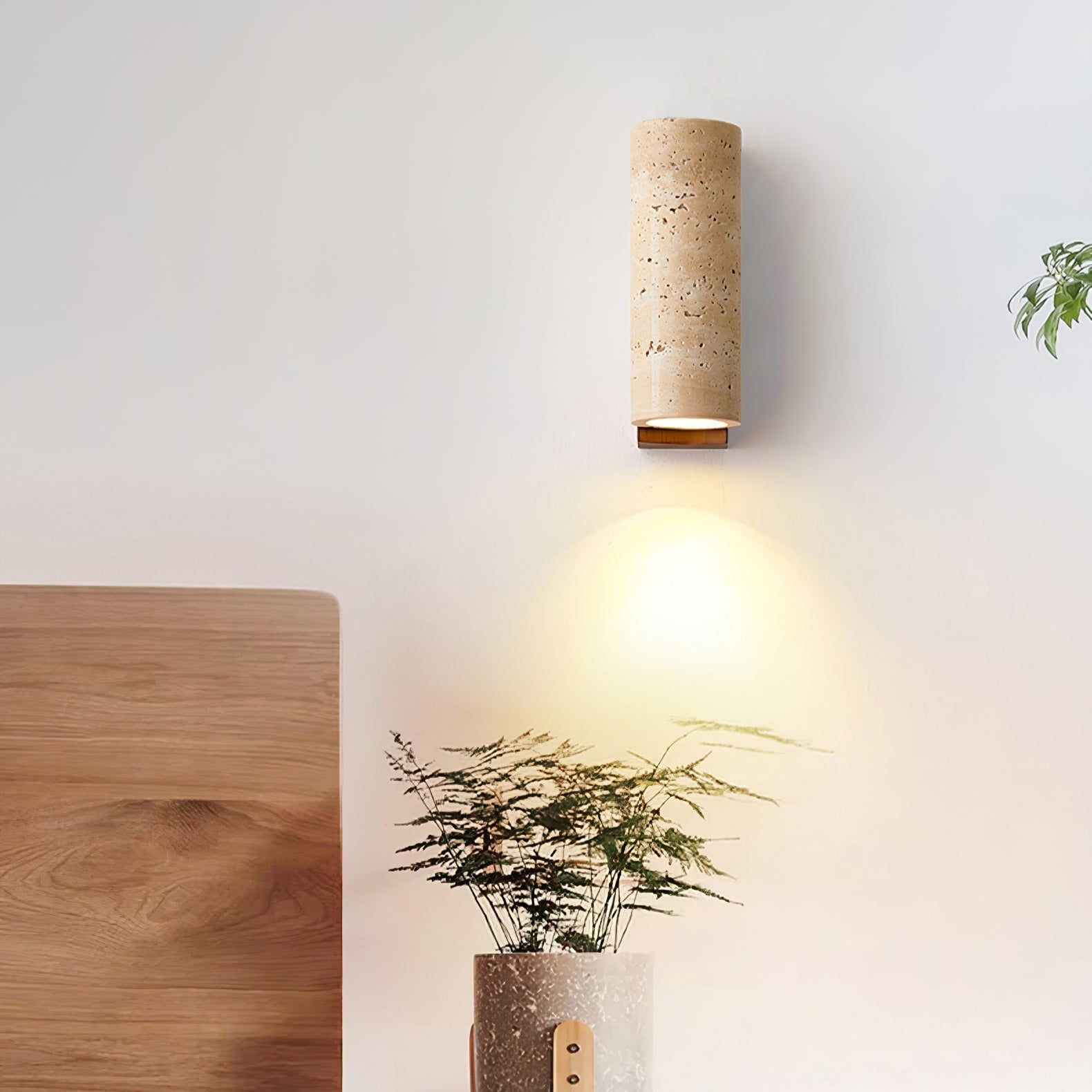 Curved Travertine Wall Light With Wood Accent