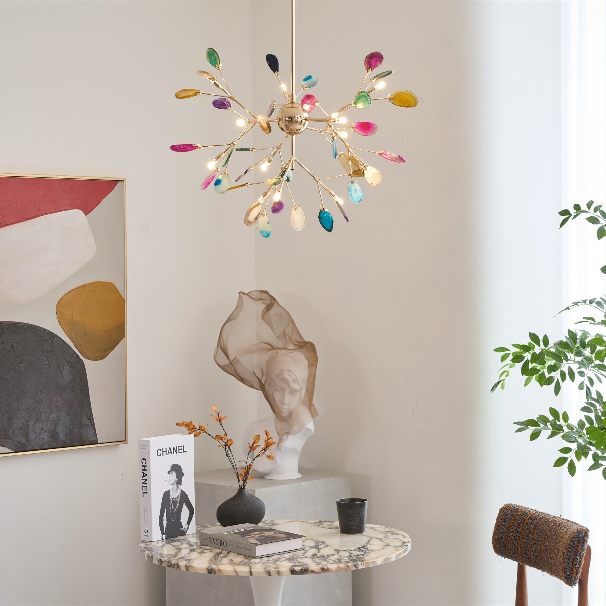 Colourful Agate Crystal Chandelier With Branching Gold Arms