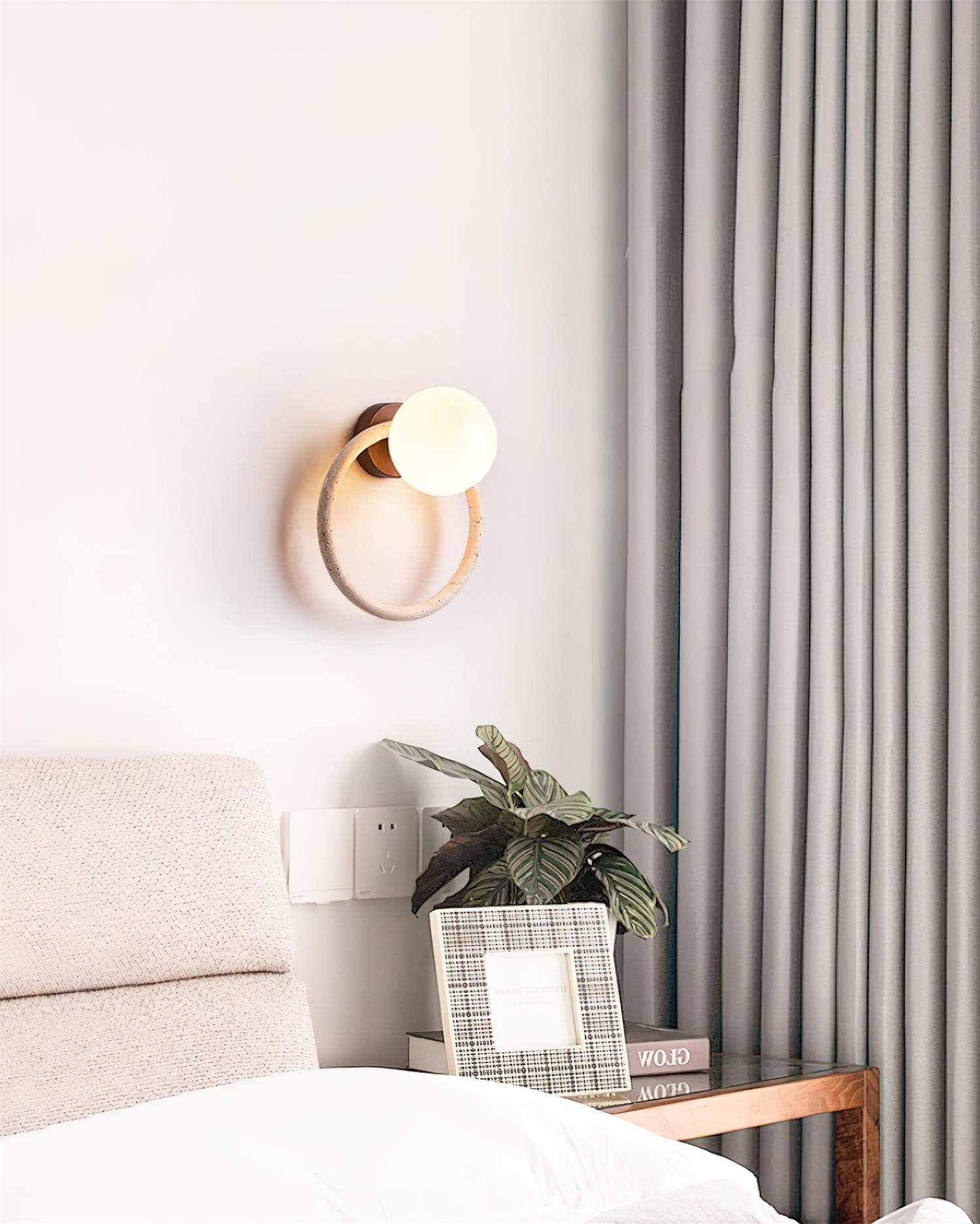 Elegant Travertine Wing Wall Light With Walnut Wood Trim
