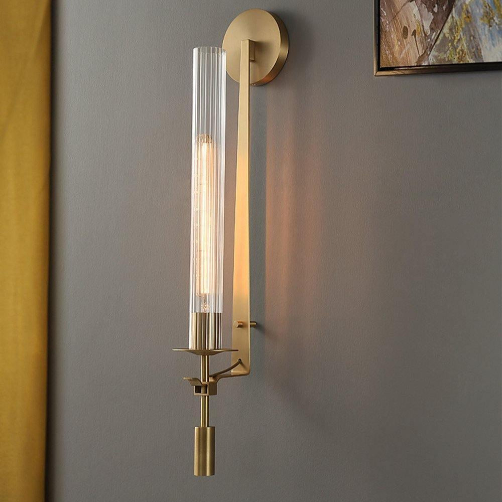 Solid Brass Wall Lamp With Ribbed Glass For Farmhouse Interiors
