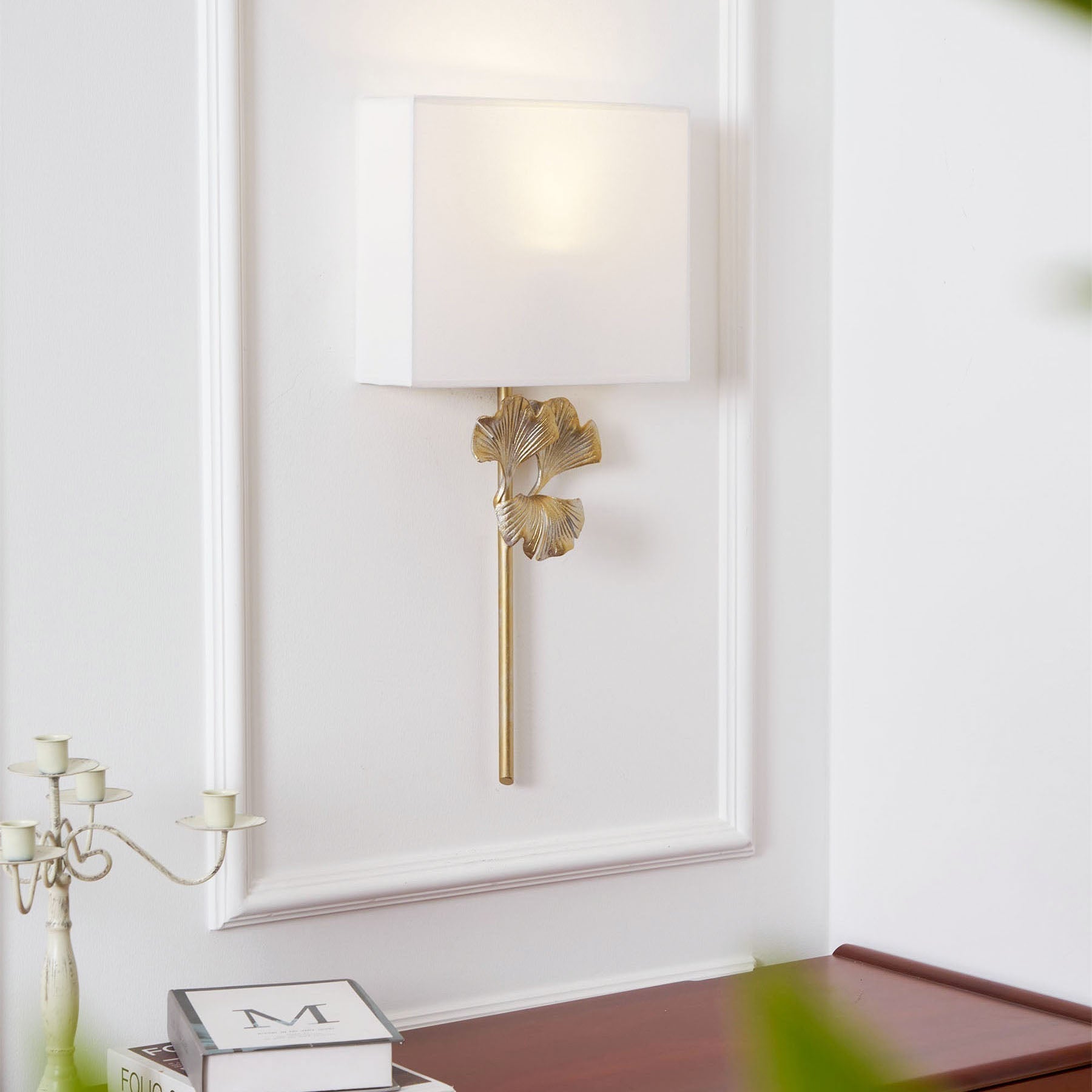 Ginkgo Leaf Wall Lamp With Gold Base And White Square Shade