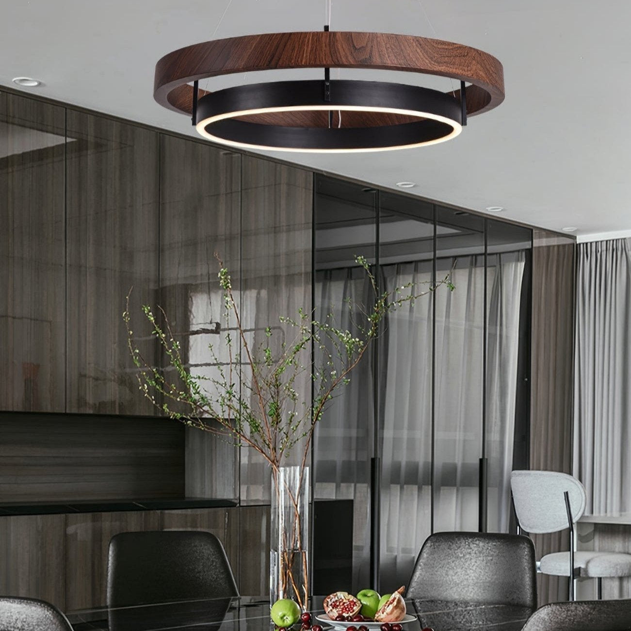 Floating Dual Ring Wood Chandelier With Warm Ambient Glow