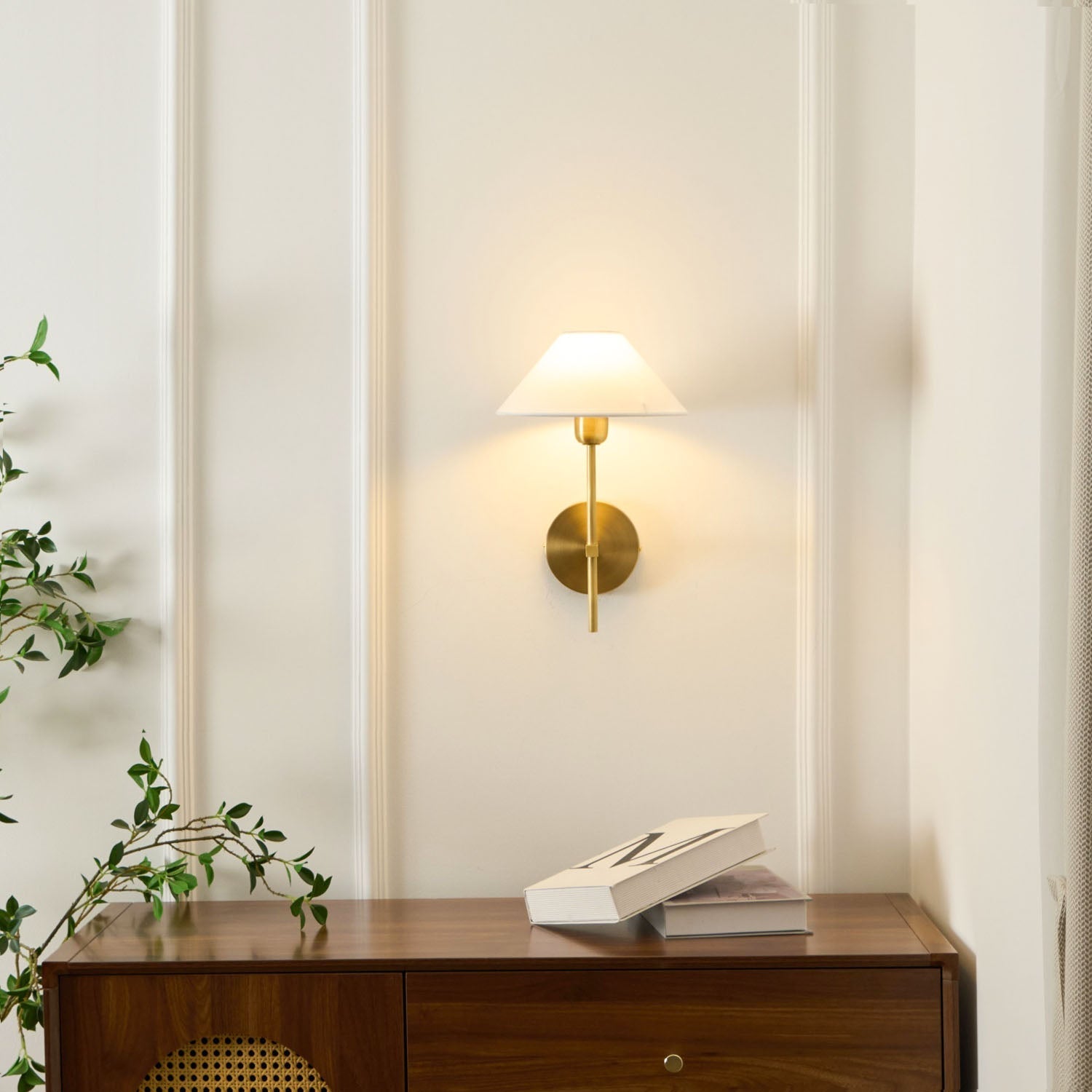 Brushed Brass Wall Light With White Cone Shade