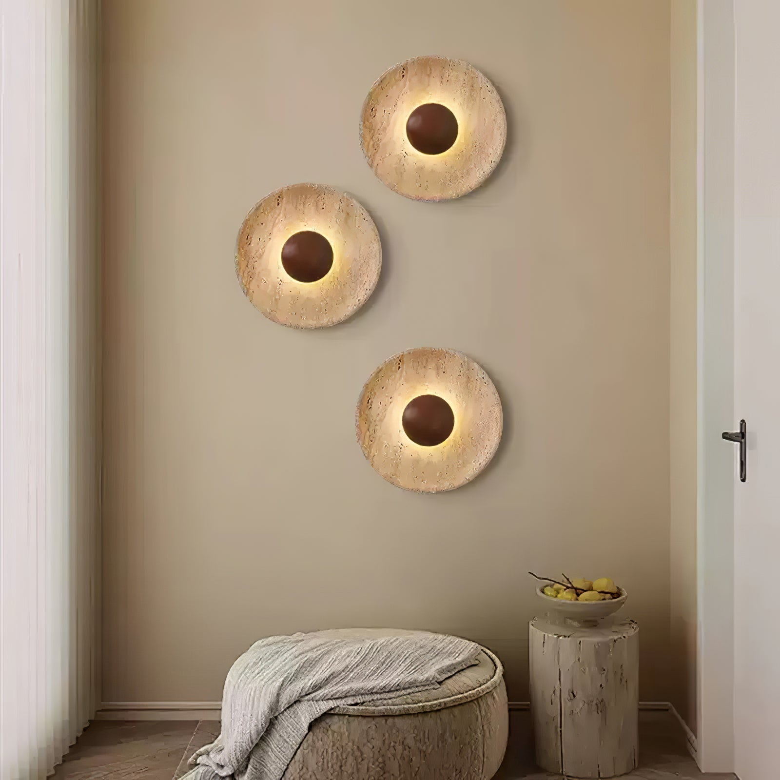 Sunlit Travertine Wall Light With Wooden Sphere