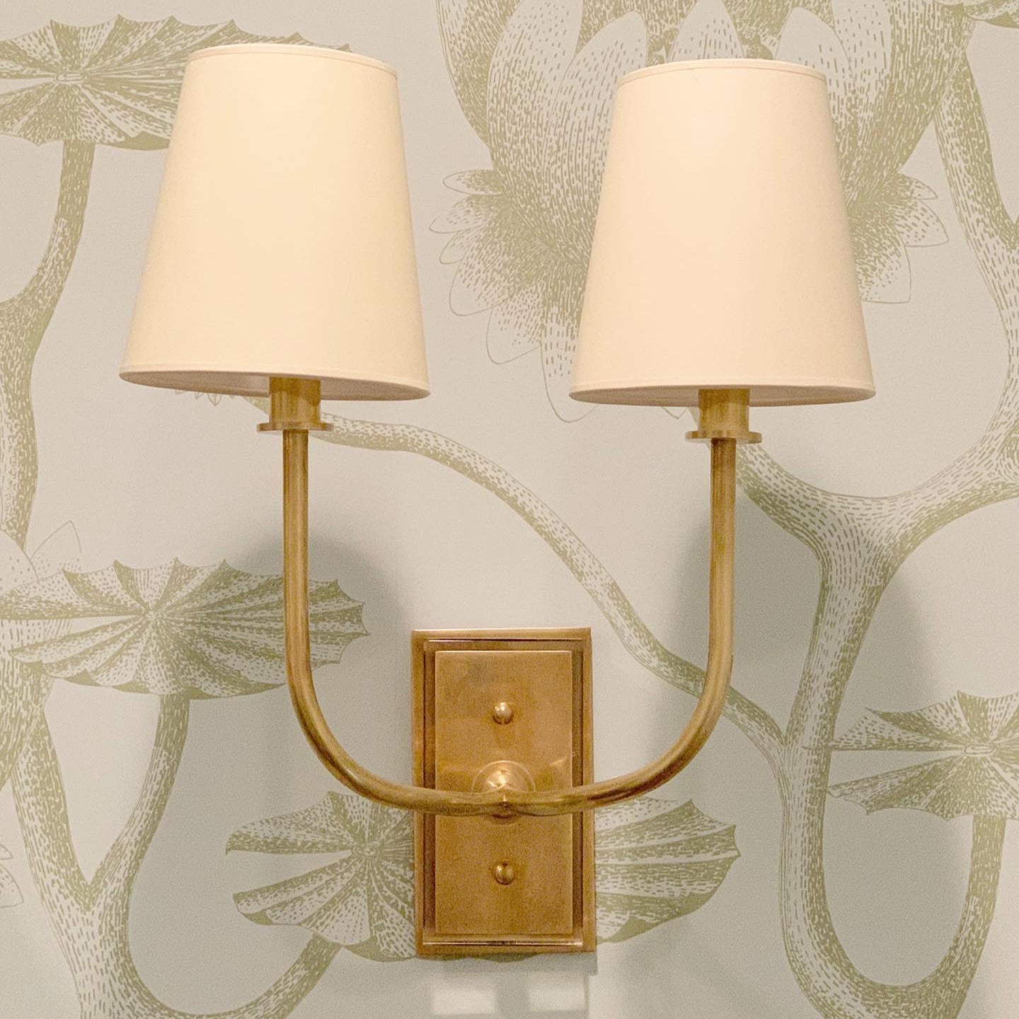 Slim Brass Arm Wall Lamp With Tapered Fabric Shade