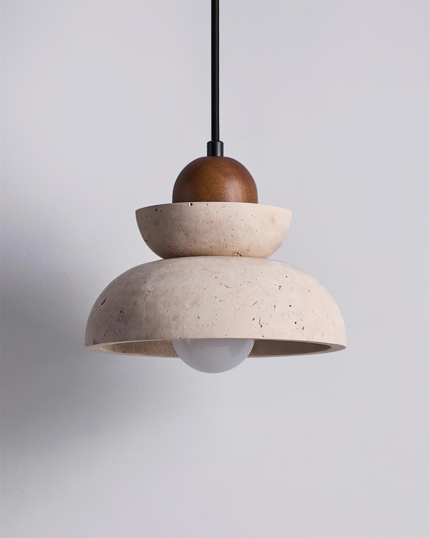 Lampe Pendante Travertin Beige et Bois Éclairage Chaleureux