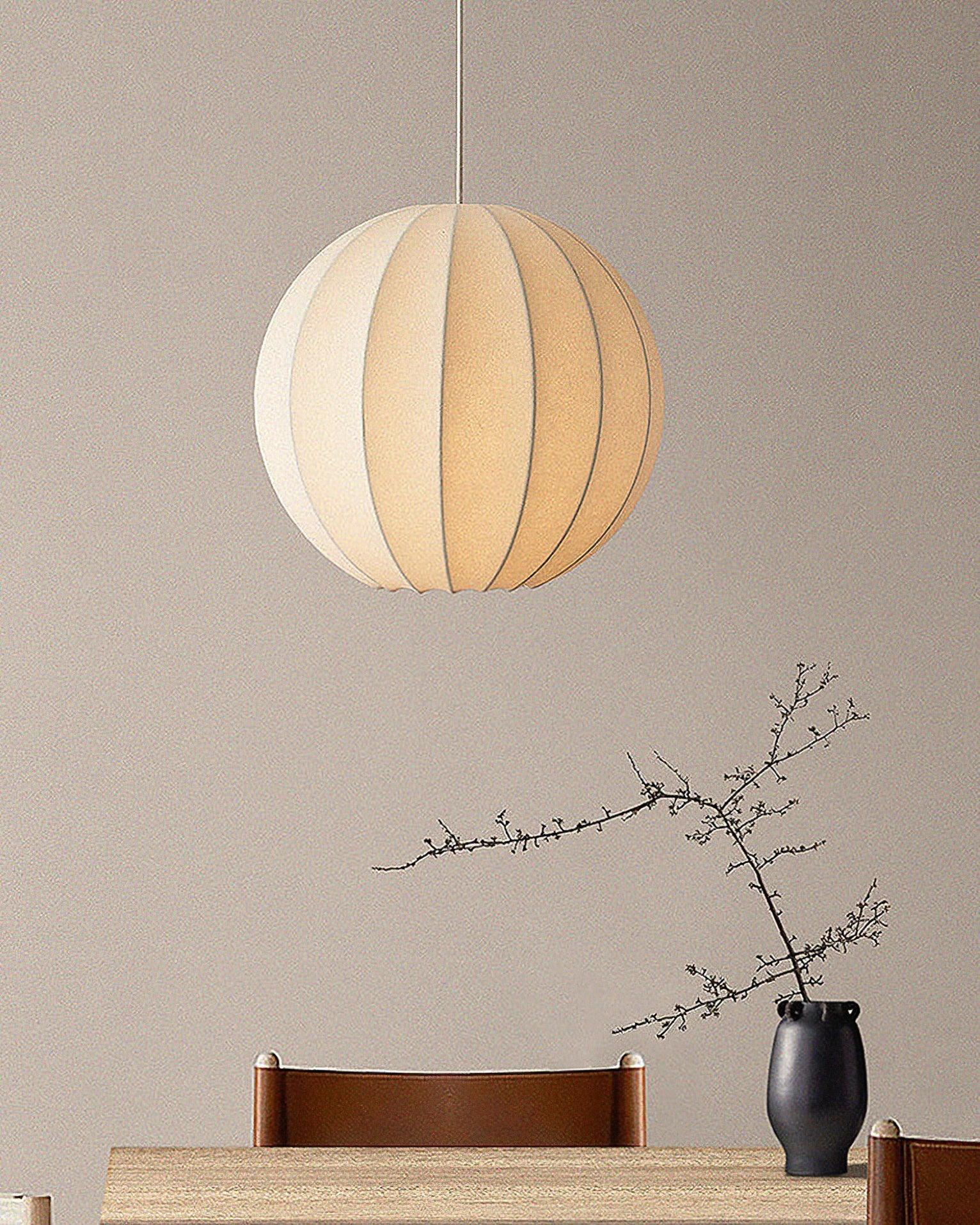 White Silk Ribbed Globe Pendant Light for Ambient Dining