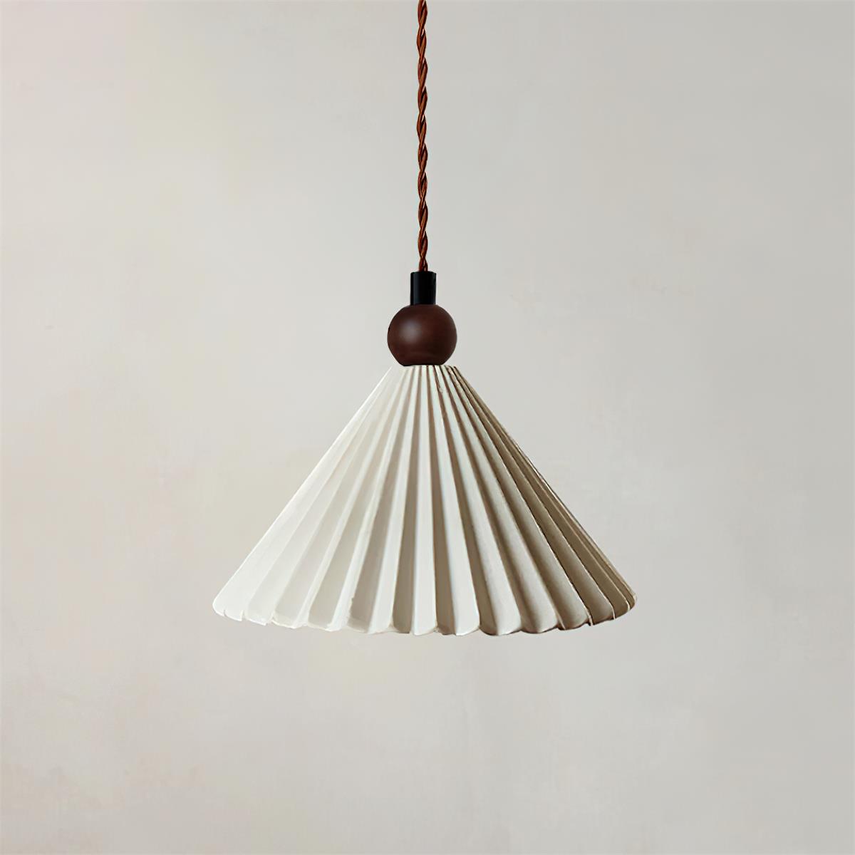 Teal Pleated Ceramic Pendant Light With Wood Accent