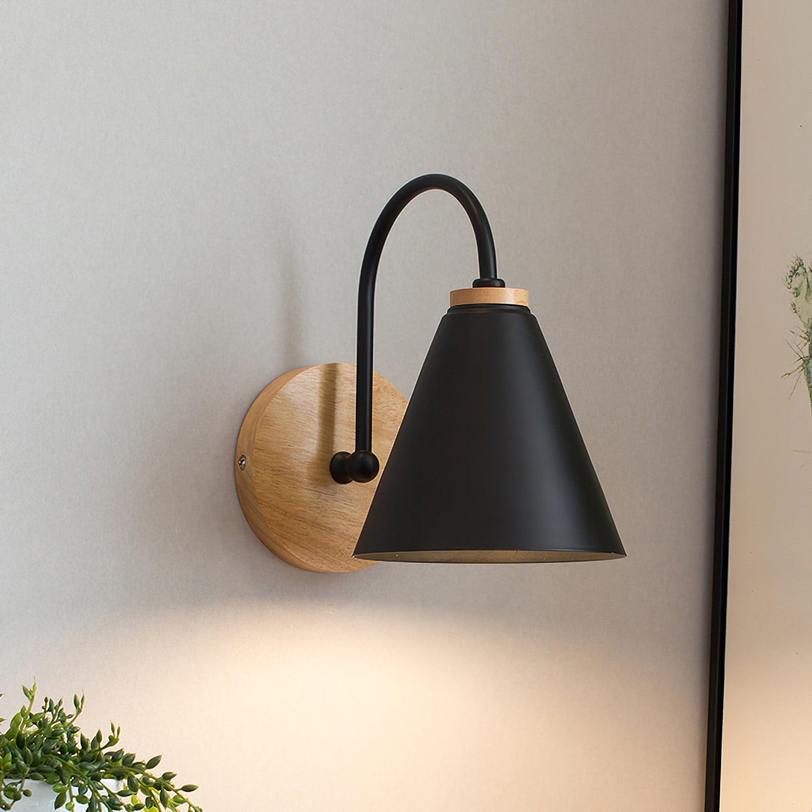 Nordic Wood Wall Light With Handcrafted Iron Cone Shade