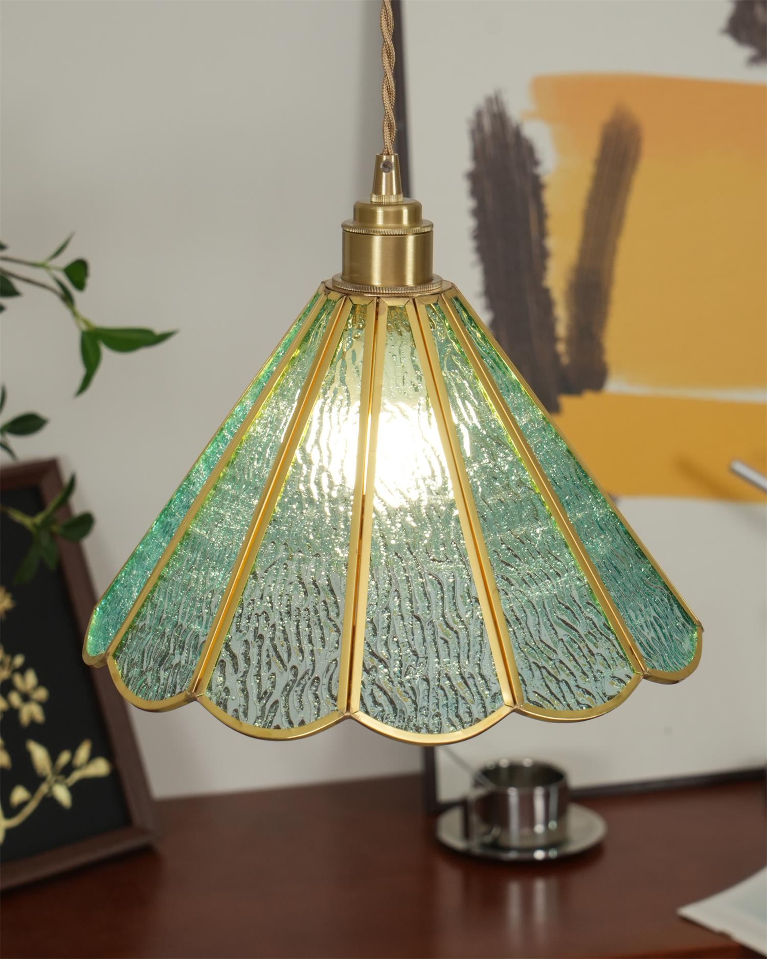 Pendant Lamp With Textured Blue Glass Shade And Brass Finish
